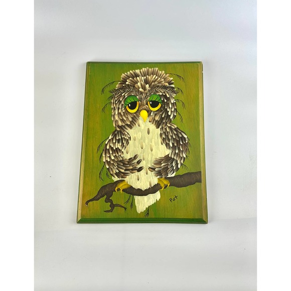 Vintage Owl Painting On Wood Green Background Sleepy Eyes Brown Feathers Signed - Picture 6 of 10